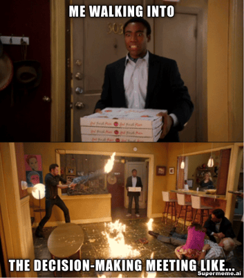 Troy from Community Walking Into a Decision Making Meeting Like an Apartment On Fire